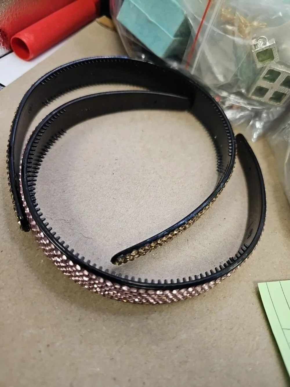 headbands lot of 2 Black Plastic  With Yellow & Peach Rhinestones